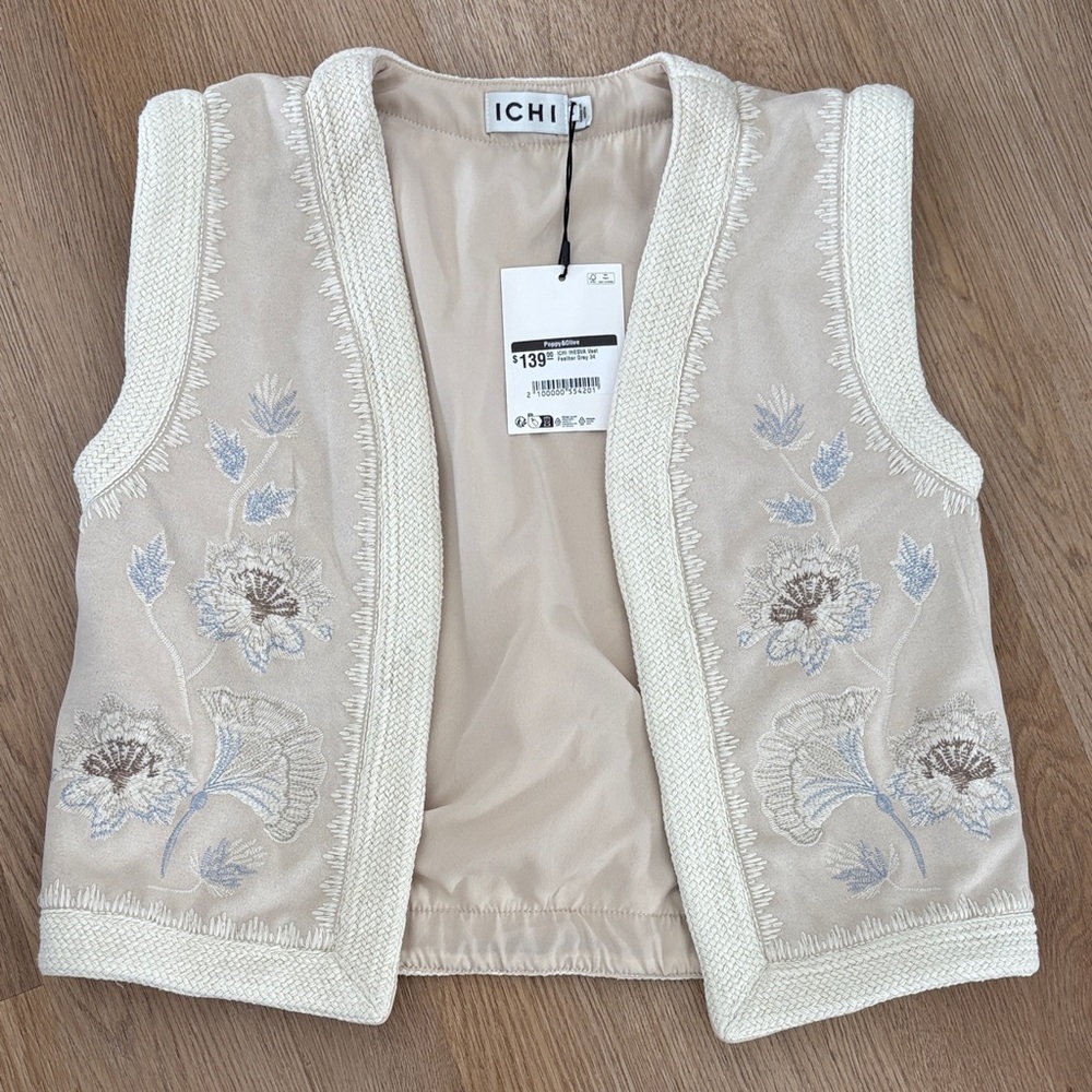 ICHI Cream Embroidered Vest - Neutral Floral Sleeveless Jacket